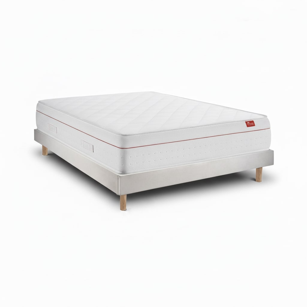 Conjunto deluxe ortopédico 190 x 80 cm — colchón muelles ensacados 27 cm + kit cama 15 cm, terciopelo y patas madera 15 cm (alt. 57 cm).