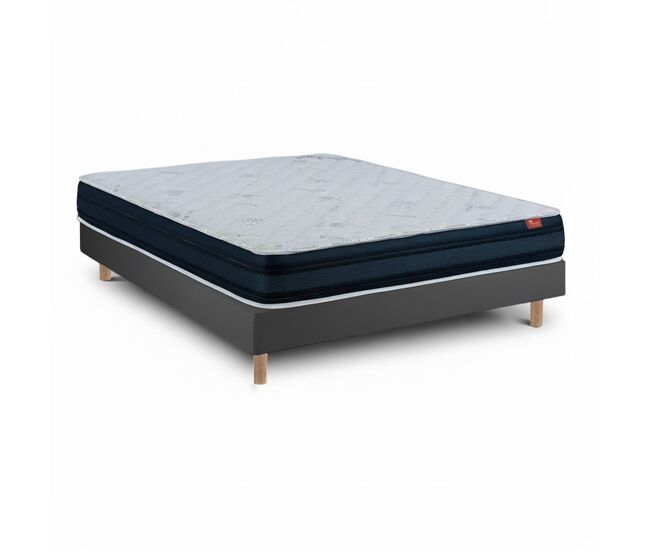 Conjunto viscoflex ortopédico 190 x 140 cm, colchón 22 cm + sommier monobloque con patas 15 cm, altura total 52 cm, madera clara.