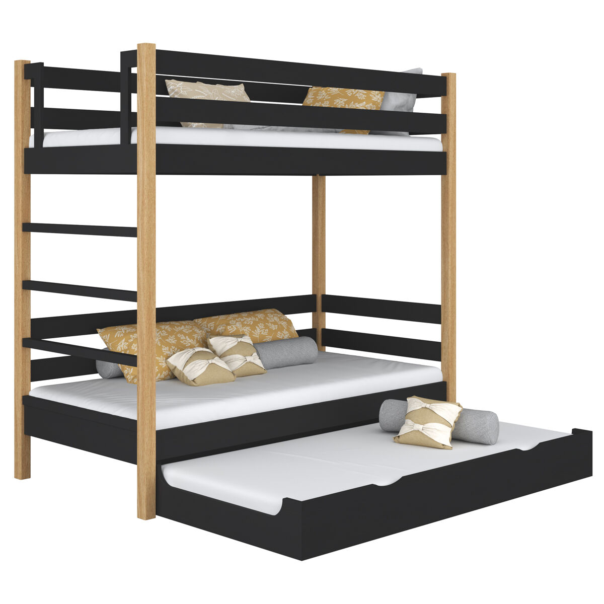 Litera de madera con cajón para colchón n03 negro / roble