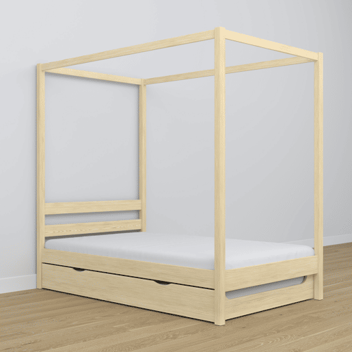 Cama individual de madeira com dossel e gaveta para colchão extra N01 pinho incolor