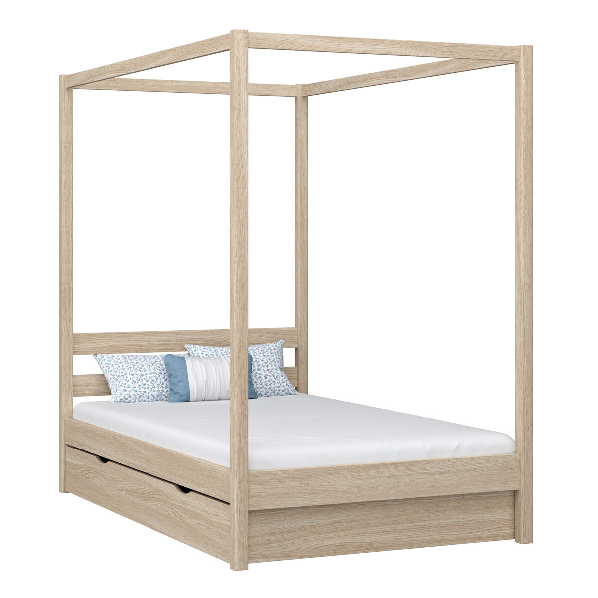 Cama individual de roble con dosel y cajón n01 roble blanqueado