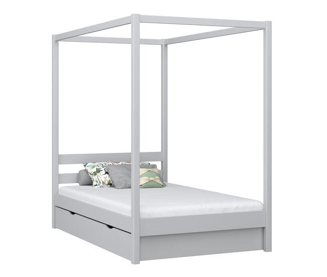 Cama individual de madera con dosel y cajón N01 gris