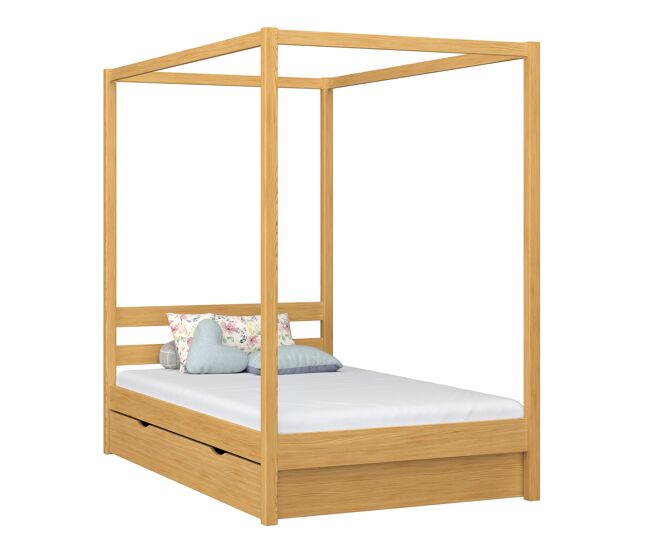 Cama individual de madera con dosel y cajón n01 pino natural