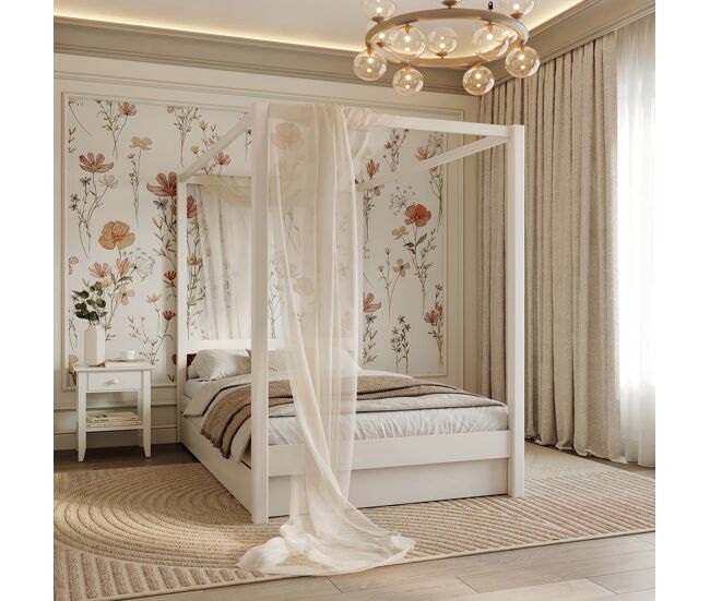 Cama individual de madera con dosel y cajón N01 blanco