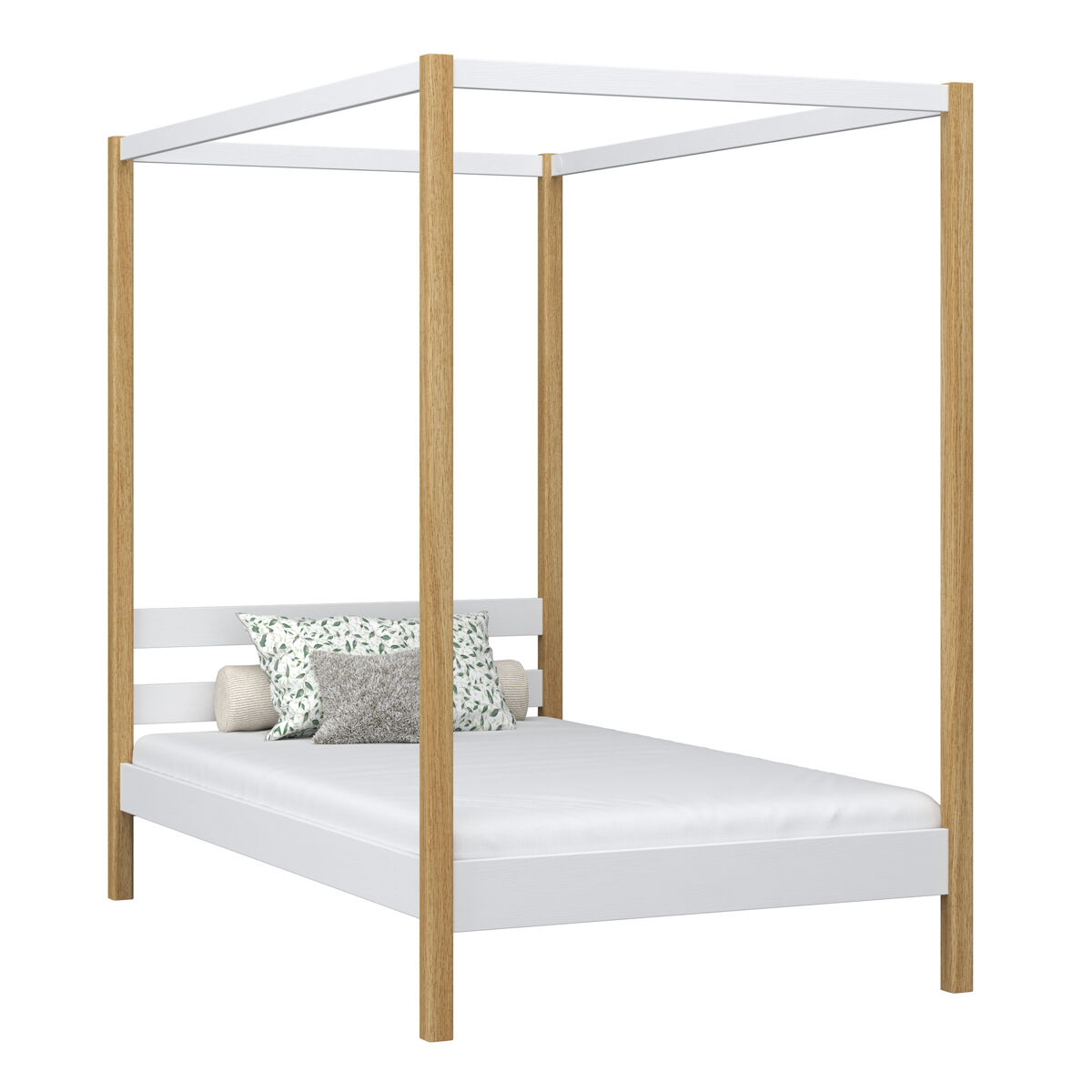 Cama individual de madera con dosel n01 blanco / roble