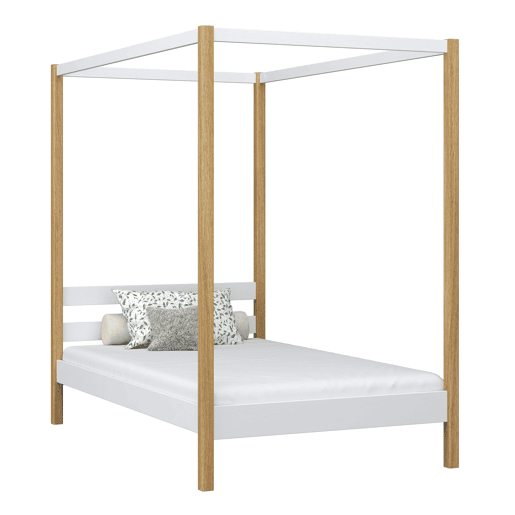 Cama individual de madeira com dossel N01 branco e carvalho