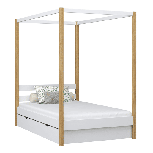 Cama individual de madeira com dossel e gaveta N01 branco e carvalho Cama individual de madeira com dossel e gaveta N01 branco e carvalho