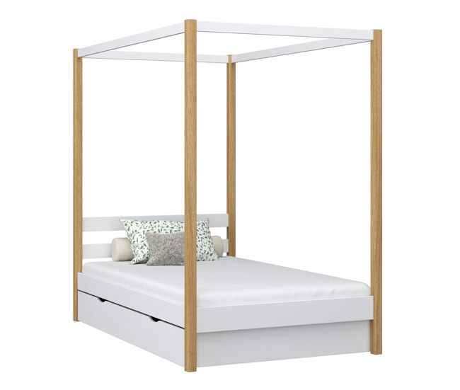 Cama individual de madera con dosel y cajón n01 blanco / roble