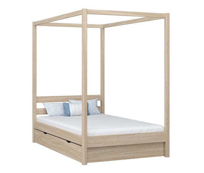 Cama individual de roble con dosel y cajón n01 roble blanqueado