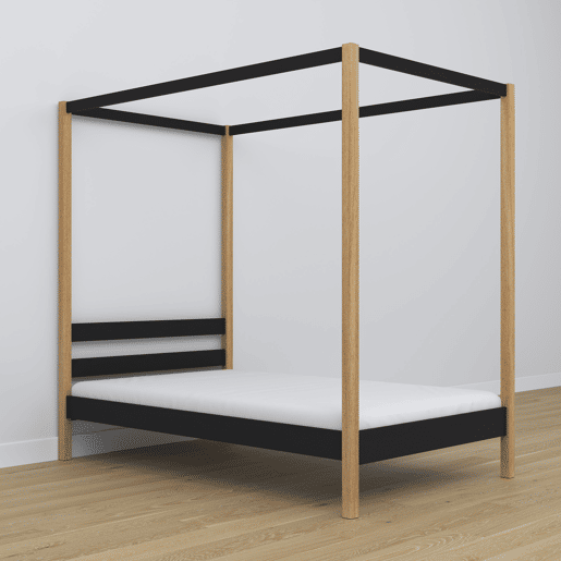 Cama individual de madeira com dossel N01 preto e carvalho