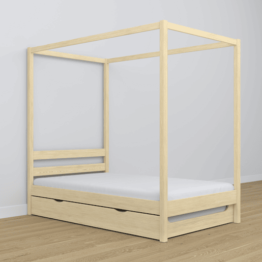 Cama individual de madeira com dossel e gaveta para colchão extra N01 pinho incolor