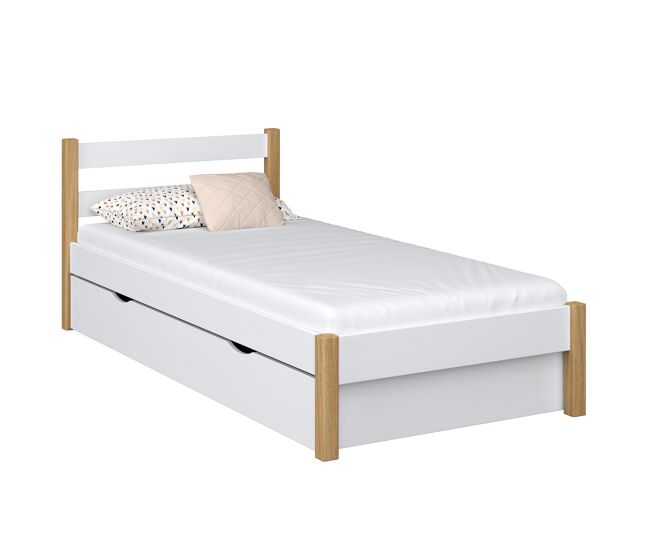 Cama individual de madera con cajón N01 blanco / roble