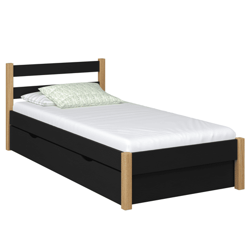 Cama individual de madeira com gaveta N01 preto e carvalho