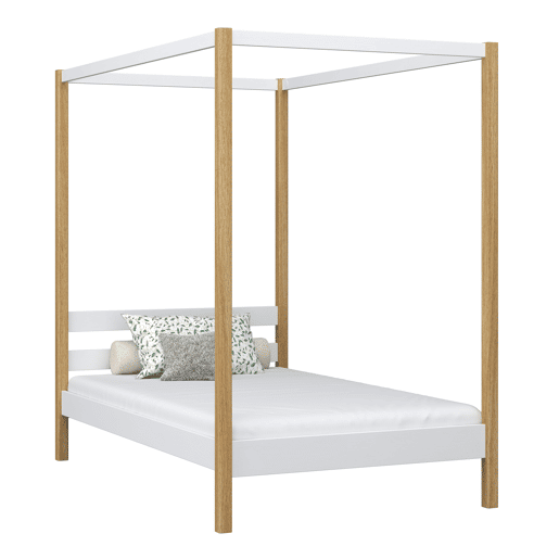Cama individual de madeira com dossel N01 branco e carvalho Cama individual de madeira com dossel N01 branco e carvalho