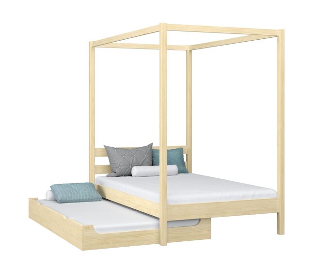 Cama individual de madera con dosel y cajón para colchón N01 pino incoloro