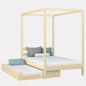 Cama individual de madeira com dossel e gaveta para colchão extra N01 pinho incolor