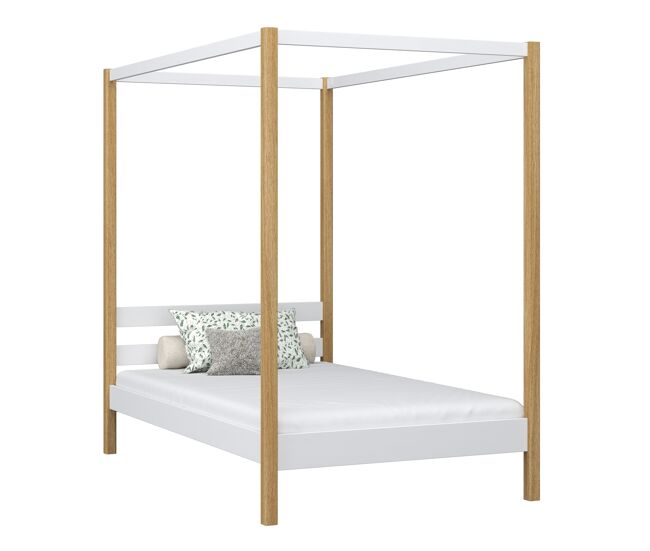 Cama individual de madera con dosel N01 blanco / roble