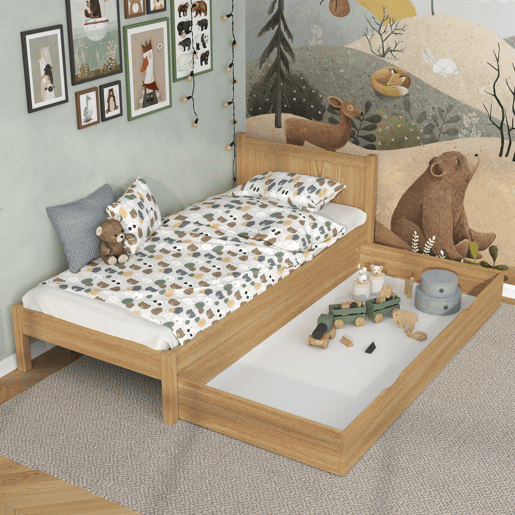 Cama individual de carvalho com gaveta N02 carvalho natural