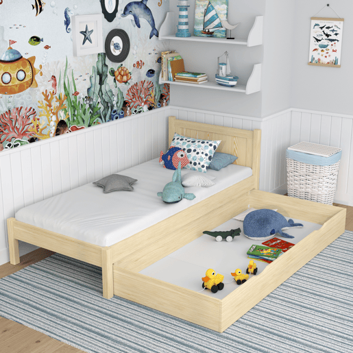 Cama individual de madeira com gaveta N02 pinho incolor