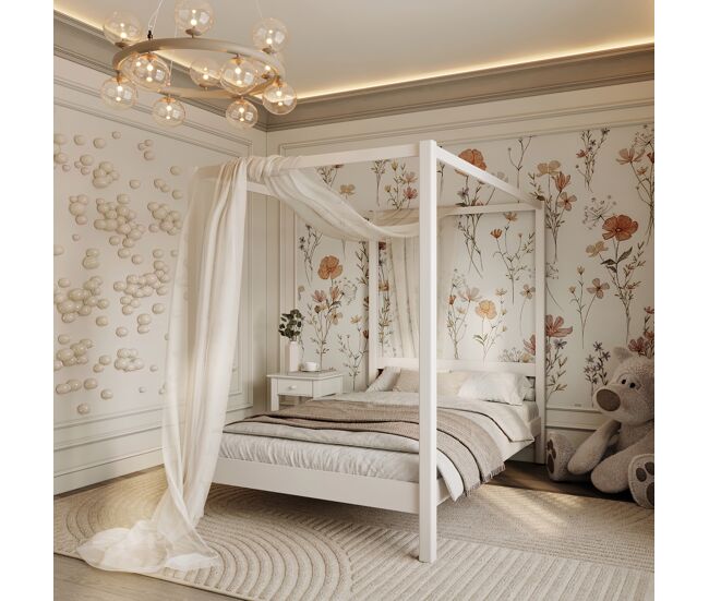 Cama individual de madera con dosel n01 blanco