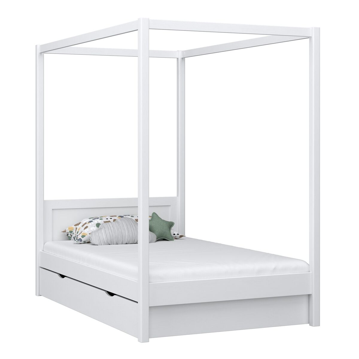 Cama individual de madera con dosel y cajón n02 blanco