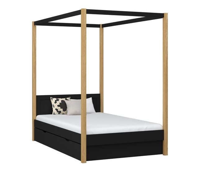Cama individual de madera con dosel y cajón N02 negro / roble