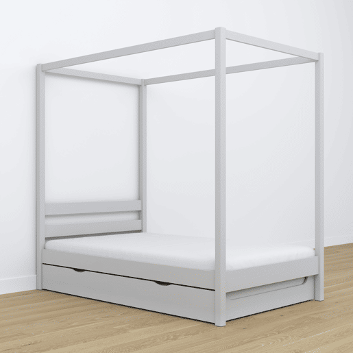 Cama individual de madeira com dossel e gaveta para colchão extra N01 cinza