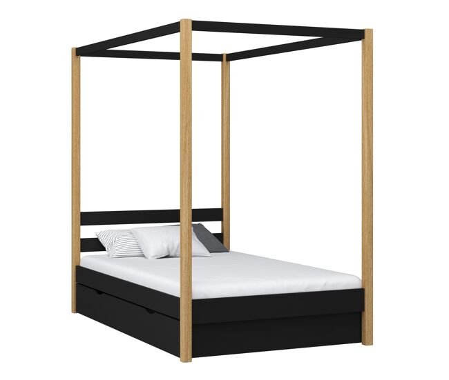 Cama individual de madera con dosel y cajón n01 negro / roble