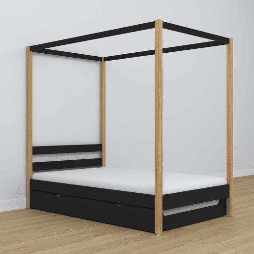 Cama individual de madeira com dossel e gaveta para colchão extra N01 preto e carvalho Cama individual de madeira com dossel e gaveta para colchão extra N01 preto e carvalho