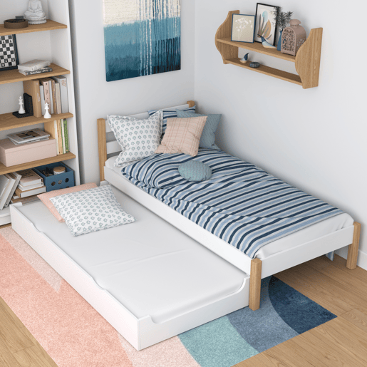 Cama individual de madeira com gaveta para colchão N01 branco e carvalho