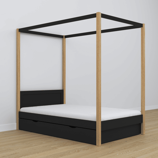 Cama individual de madeira com dossel e gaveta N02 preto e carvalho