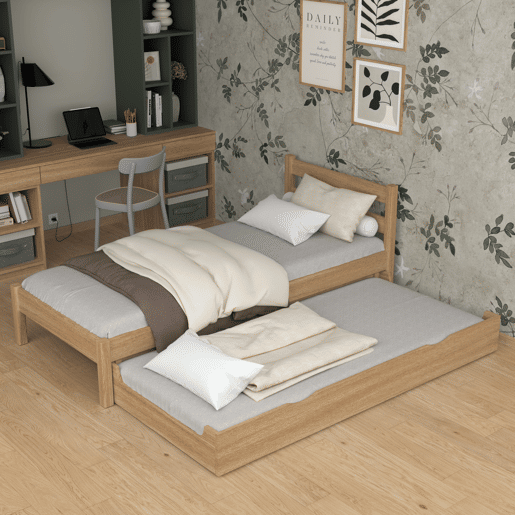 Cama individual de carvalho com gaveta para colchão N01 carvalho natural