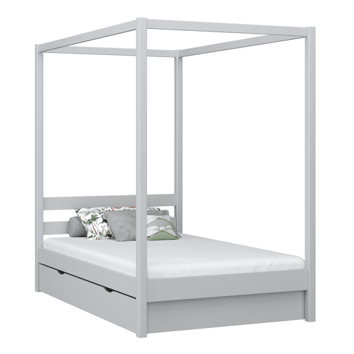Cama individual de madeira com dossel e gaveta N01 cinza