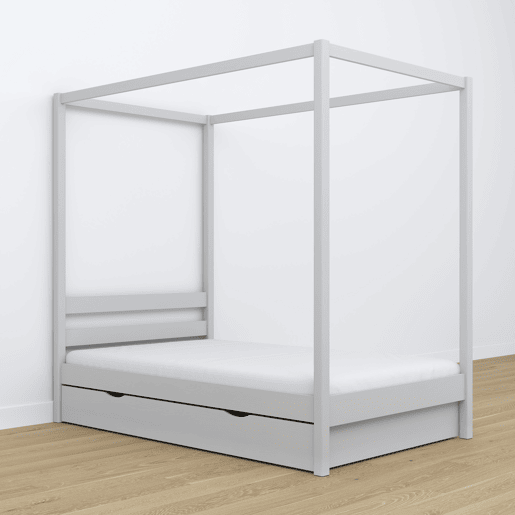 Cama individual de madeira com dossel e gaveta N01 cinza