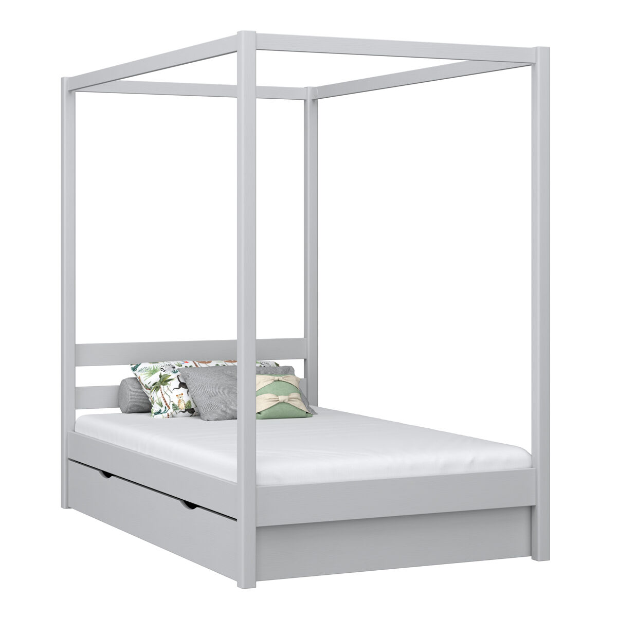 Cama individual de madera con dosel y cajón n01 gris
