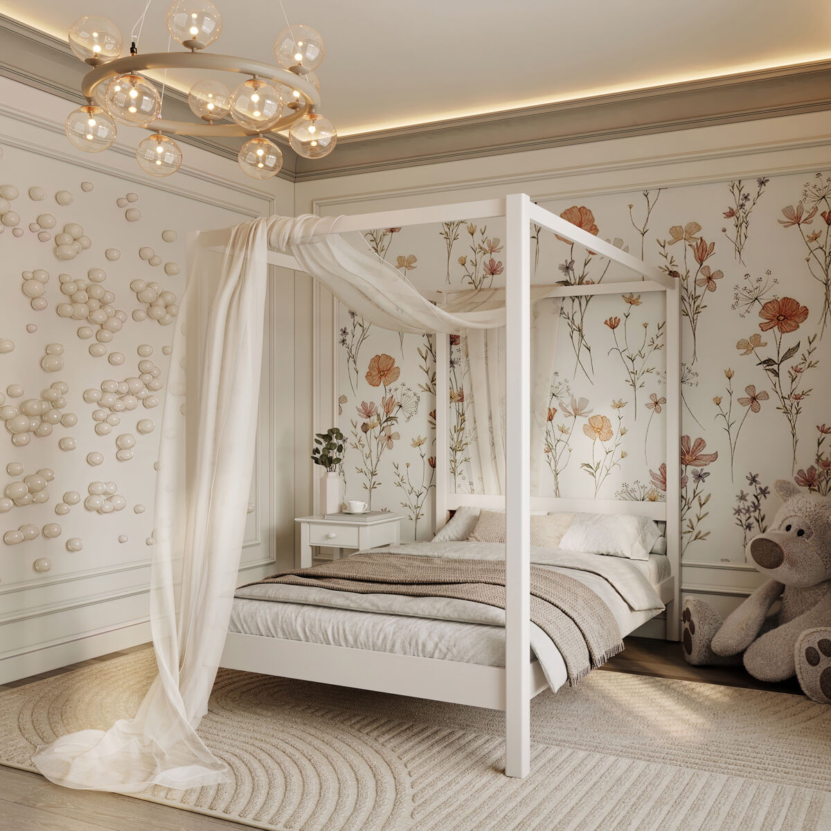 Cama individual de madera con dosel n01 blanco