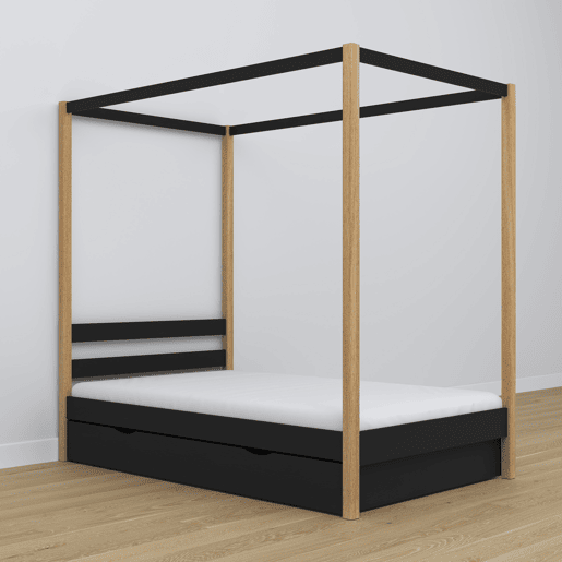 Cama individual de madeira com dossel e gaveta N01 preto e carvalho