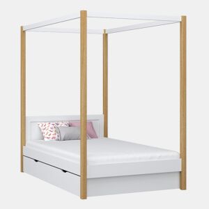 Cama individual de madeira com dossel e gaveta N02 branco e carvalho