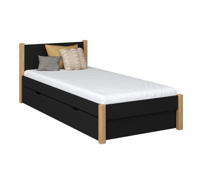 Cama individual de madera con cajón n02 negro / roble