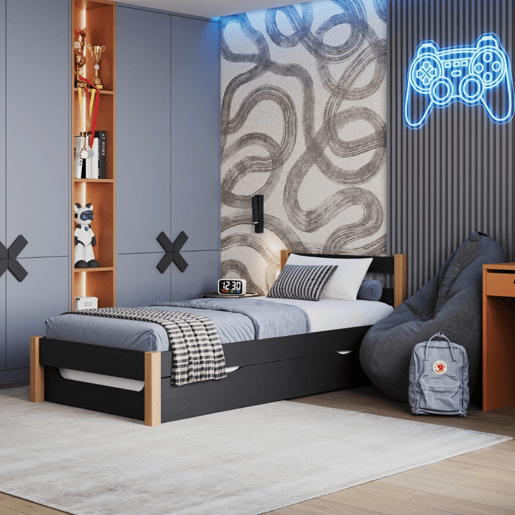 Cama individual de madeira com gaveta para colchão N01 preto e carvalho