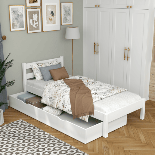 Cama individual de madeira com gaveta N01 branco