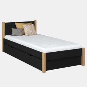 Cama individual de madeira com gaveta N02 preto e carvalho
