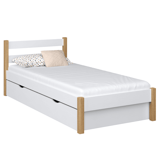 Cama individual de madeira com gaveta N01 branco e carvalho Cama individual de madeira com gaveta N01 branco e carvalho