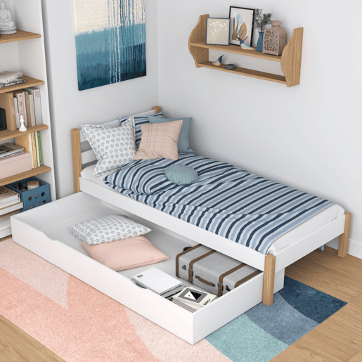 Cama individual de madeira com gaveta N01 branco e carvalho Cama individual de madeira com gaveta N01 branco e carvalho