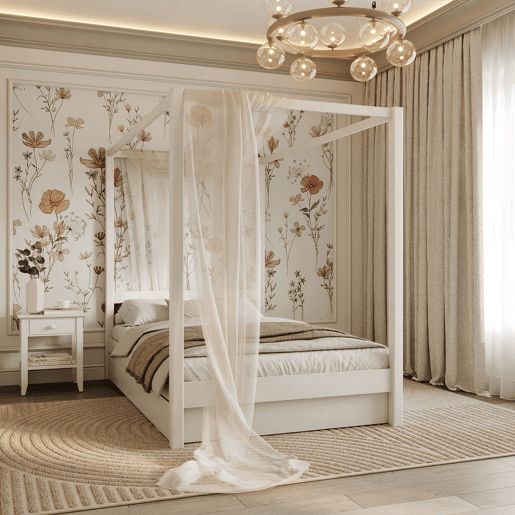 Cama individual de madeira com dossel e gaveta N01 branco
