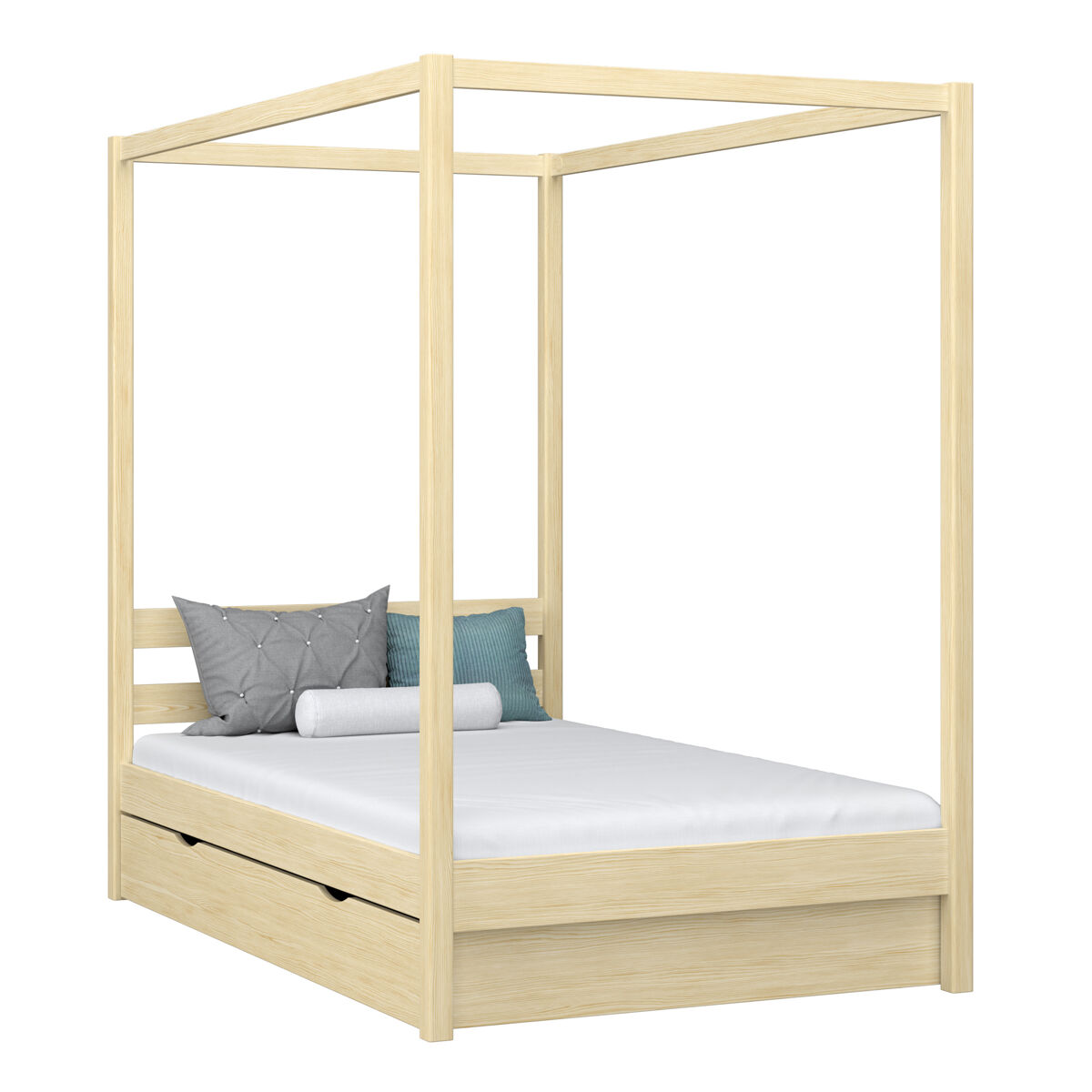 Cama individual de madera con dosel y cajón n01 pino incoloro