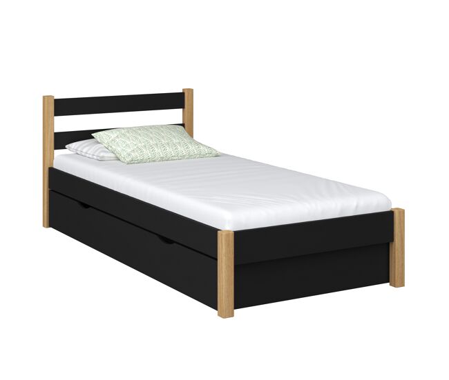 Cama individual de madera con cajón n01 negro / roble