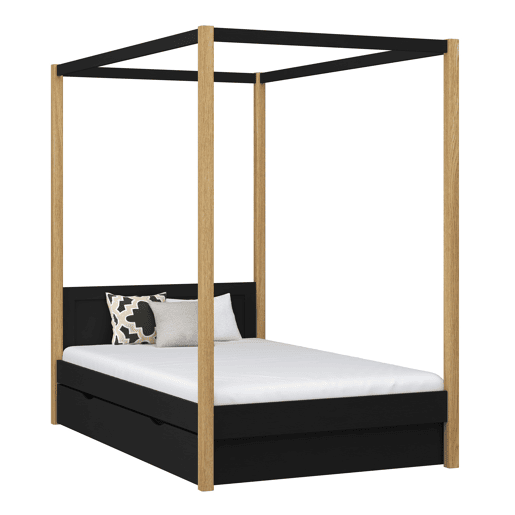 Cama individual de madeira com dossel e gaveta N02 preto e carvalho