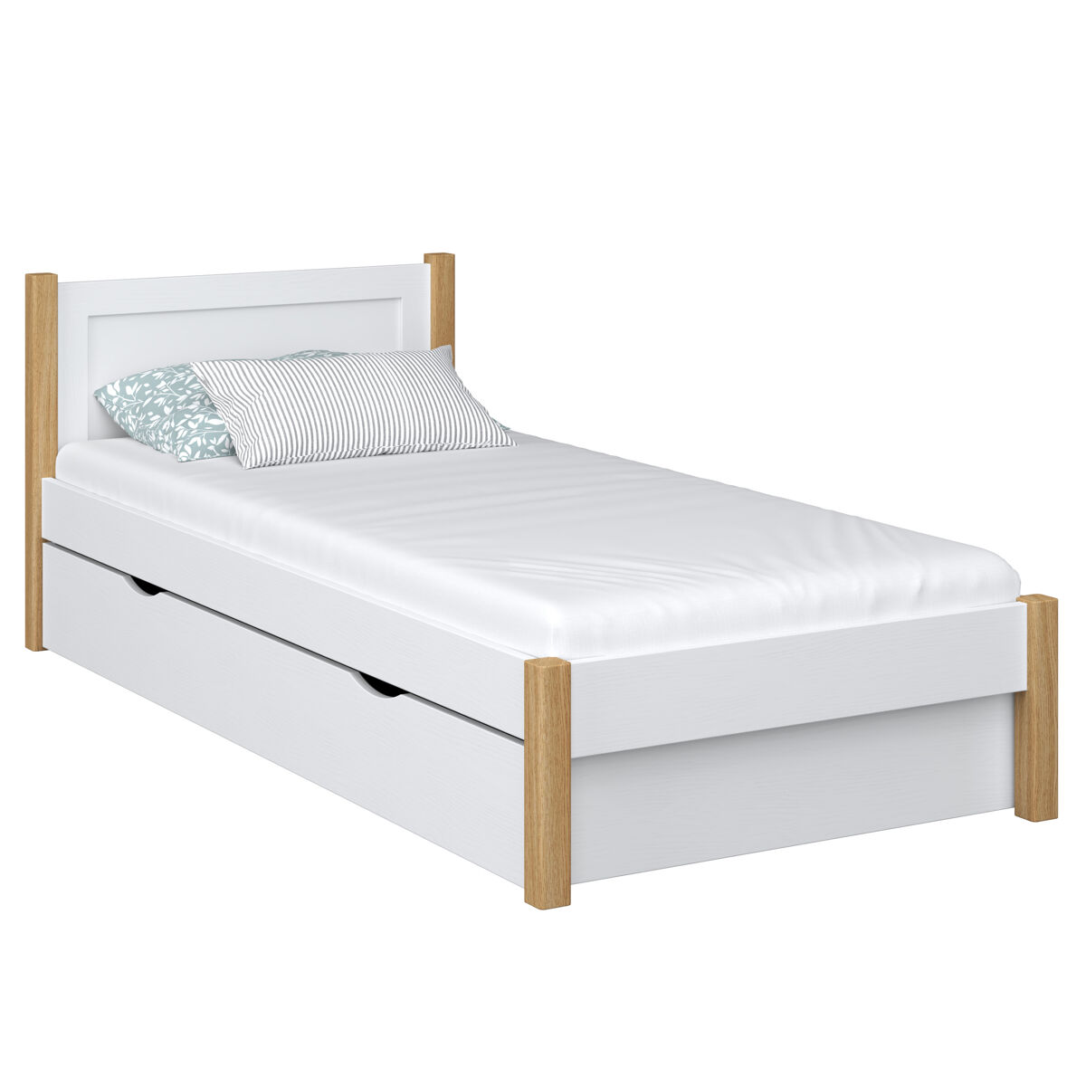 Cama individual de madera con cajón n02 blanco / roble