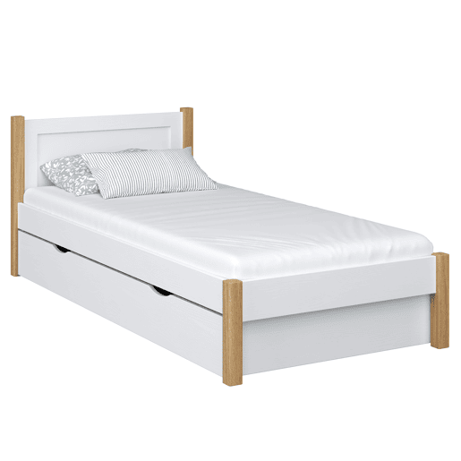 Cama individual de madeira com gaveta N02 branco e carvalho Cama individual de madeira com gaveta N02 branco e carvalho